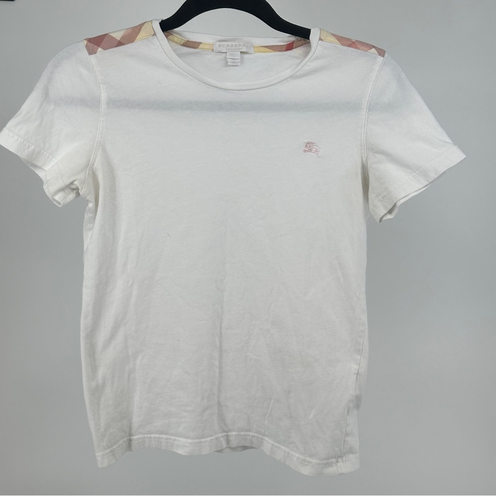 Girls Size 12 Burberry White Tee with plaid Patterned Shoulders‎
